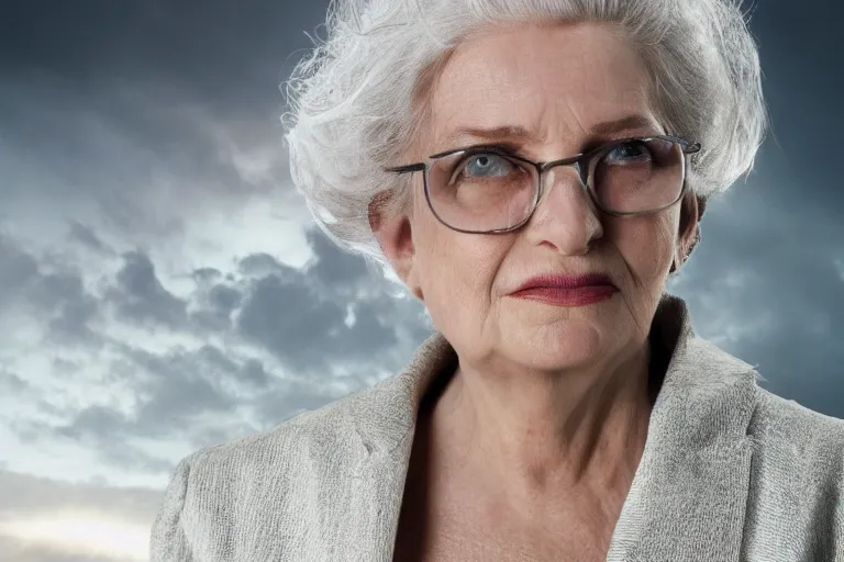 Image similar to a realistic studio cinematic headshot portrait of an old beautiful woman on top of skyscaper, wearing futuristic white suit, ceo, 4 k, ultra realistic, dramatic lighting, rain, clouds, fog, vogue, fashion, magazine spread, by annie leibovitz