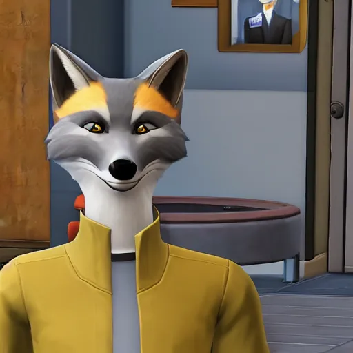 Image similar to anthropomorphic grey fox dressed in casual clothing, character in The Sims 4, indoors, in game screenshot