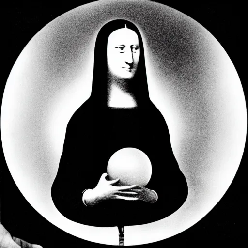 Prompt: Marcel Duchamp holding a light-producing sphere with cables attached, 35mm film, icon by Marcel Duchamp, LHOOQ, Mona Lisa with a mustache, absurd, film grain, lens flare