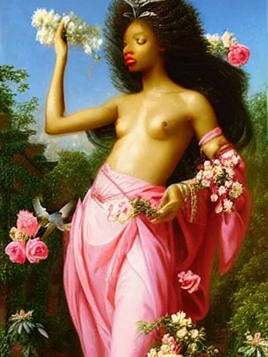 Prompt: jasmine tookes, the goddess of love : : background of roses, myrtle, doves : : rococo, academicism, hyperreal