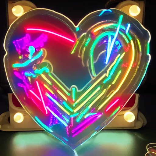 Prompt: a heart of crystal, highly detailed, neon lights