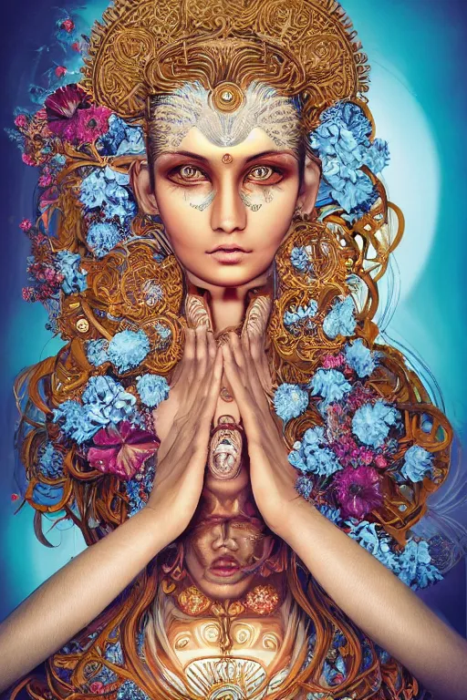 Prompt: a beautiful intricate fine art portrait photo of an indian cyborg with bionic implants, epic wavy hair spread out around her lined with white hibiscus, lying on a mandala, by natalie shau and james christensen, masterpiece!, turquoise blue face, mechanical robot body, top view, studio lighting, golden ratio composition, 3 5 mm lens, deep depth of field, artstation, 8 k