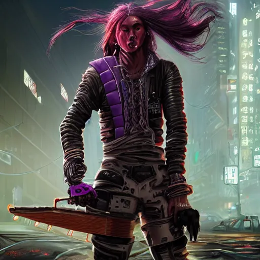 Image similar to portrait painting of a street samurai with long purple hair riding a motorcycle through a burning cyberpunk slum, glitchwave, ultra realistic, concept art, intricate details, eerie, highly detailed, photorealistic, octane render, 8 k, unreal engine. art by artgerm and greg rutkowski and nivanh chanthara