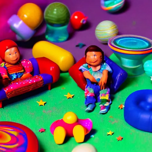 Image similar to fisher price couch, perfect focus, psychedelic trippy couch in space, planets, milky way, sofa scene from tv show hyper detailed 5 5 mm 8 5 mm, toy photography, made out of plastic