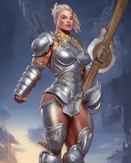 Prompt: full figure ultra realistic illustration, margot robbie as thick female bodybuilder knight zarya from overwatch smiling with closed eyes wearing armour, intricate, elegant, highly detailed, digital painting, artstation, concept art, smooth, sharp focus, illustration, art by artgerm and greg rutkowski and alphonse mucha