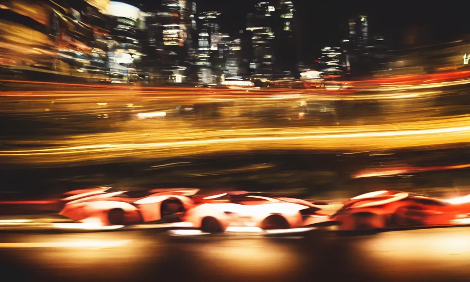 Prompt: photo of two racing cars racing each other at night driving fast through a city, cinematic, 4k, long exposure photography, tokyo drift, fast and furious, film still, night photography, motion blur, lens flare, movie shot, analog camera