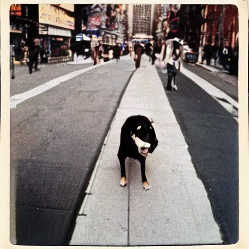 Image similar to wide-shot very low-angle eyesight photo of a dog at the street in New York, polaroid photo, by Andy Warhol, signed