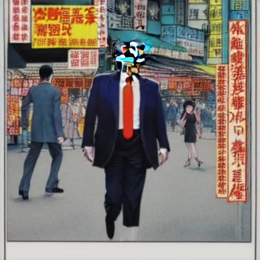 Image similar to glossy old advertising poster, donald trump walking through crowded hong kong street, vendors, drawn comic by junji ito, pastels, gradient