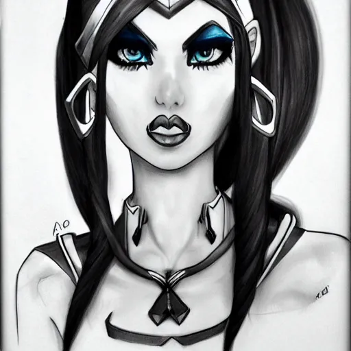 Prompt: a pencil handrawn portrait of jinx from arcane league of legends, black and white