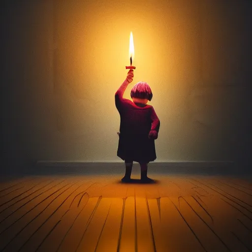 Image similar to a small child holding a candle in a room full of monsters, in the style of little nightmares, intricate digital art, octane, unreal 5, hyperrealist, rain, fog, sharp, studio, 8 5 mm sigma art lens, trending on artstation, breathtaking, groundbreaking, award winning, 8 k