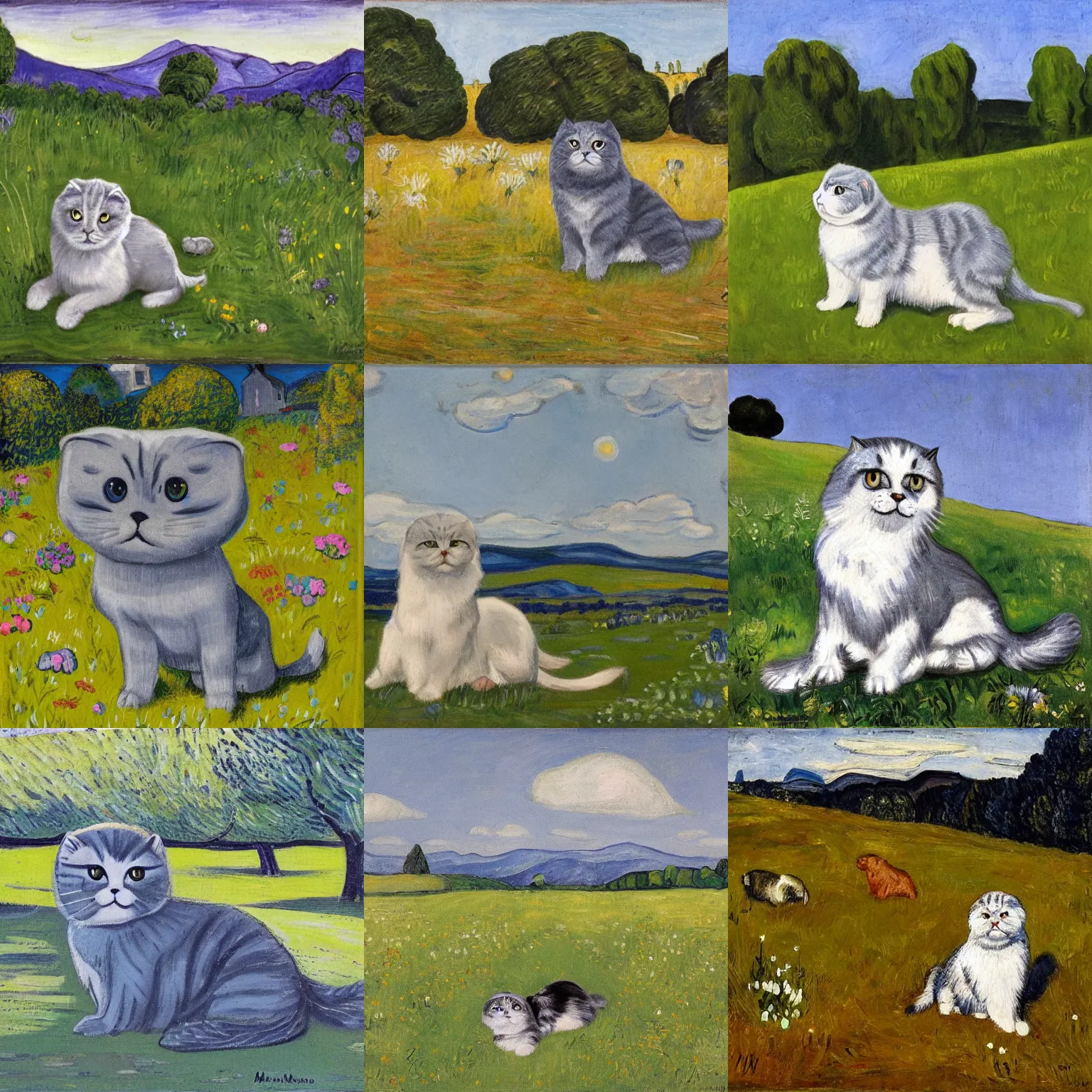 Prompt: a gray scottish fold sitting in the middle of sunny meadow, by marianne von werefkin