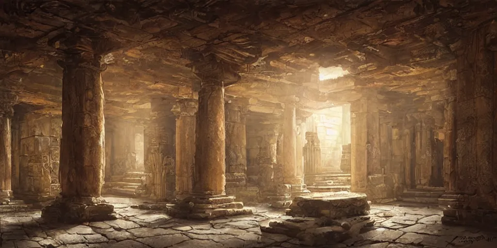 Image similar to ancient temple, pillars, tomb raidar, indiana jones, altar, traps, from inside a temple, temple run, painted by greg rutkowski