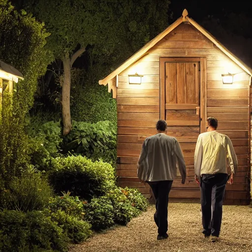 Prompt: A photo of two men in a garden at night walking towards a small wooden garden shed