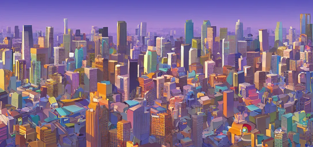 Image similar to visual development los angeles skyline cityscape, by lou romano, pixar disney dreamworks sony animation, photoshop, the art of books