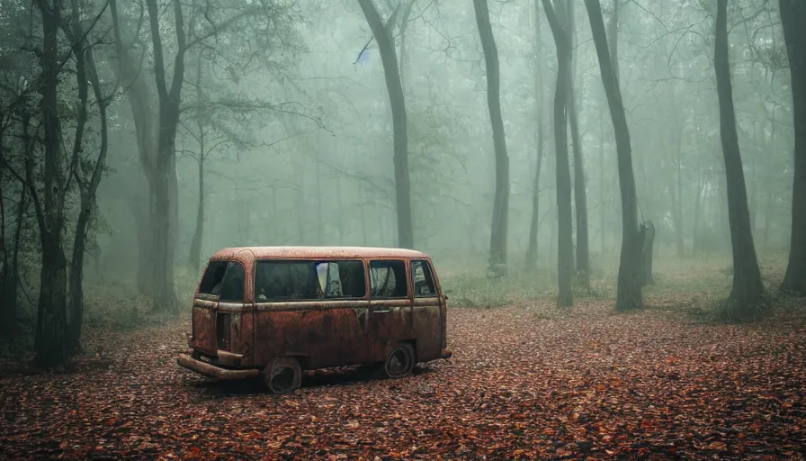 Prompt: a Old rusty van left in a foggy scary forest with leaves falling out of trees, 4k photography award winning,