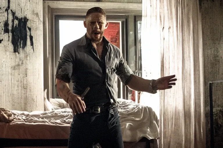 Prompt: film still of Tom Hardy as Max Payne in a dark dream crying over baby crib in the Max Payne movie, 4k