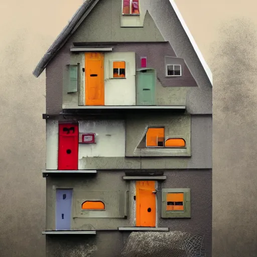 Image similar to quaint colourful nail house wedged between a two tall Gray concrete buildings, whimsical, artstation