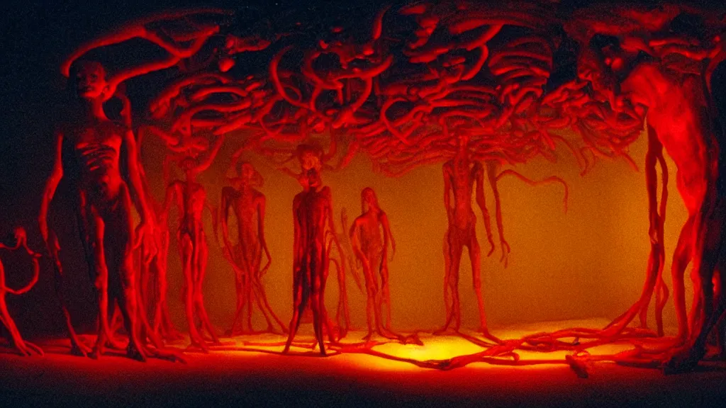 Image similar to the creature in the basement, made of glowing wax and oil, surrounded by friends, film still from the movie directed by denis villeneuve and david cronenberg with art direction by salvador dali and zdzisław beksinski, wide lens