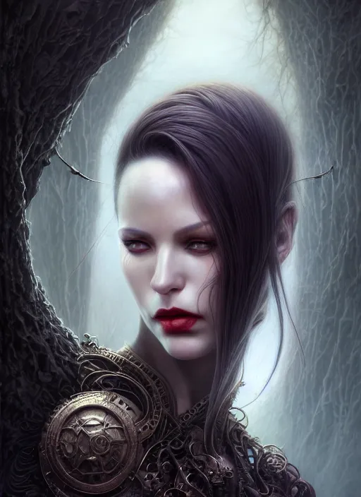 Image similar to closeup portrait shot of a female vampire in a scenic dystopian environment, intricate, elegant, highly detailed, centered, digital painting, artstation, concept art, smooth, sharp focus, illustration, artgerm, tomasz alen kopera, peter mohrbacher, donato giancola, joseph christian leyendecker, wlop, boris vallejo