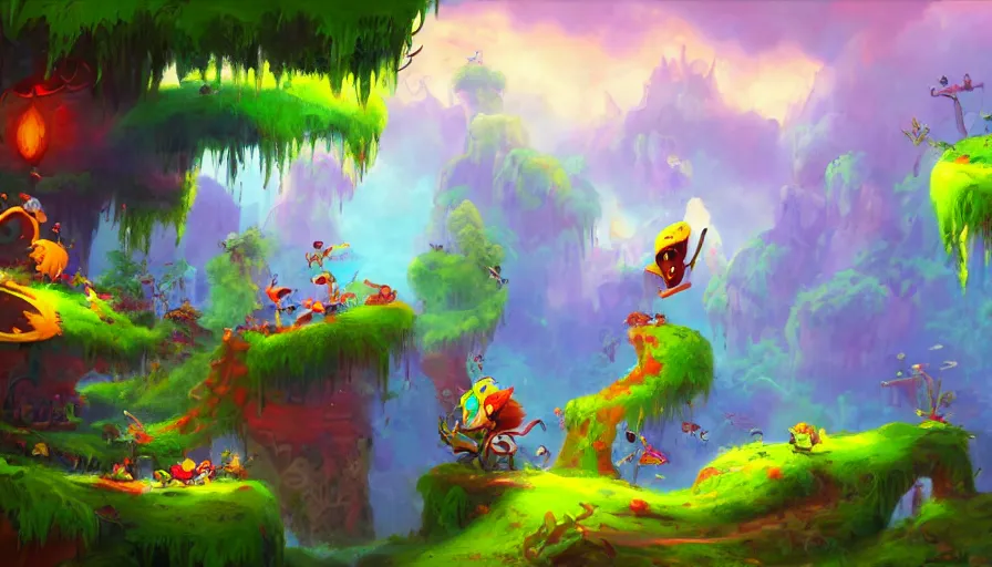 Image similar to landscape painting for animation in the style of rayman game, environment design, lively, joyful, colorful, jungles, cities, highly detailed