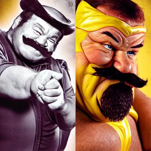 Image similar to live-action-Wario-hollywood movie casting, played by William Shatner, posing for poster photography