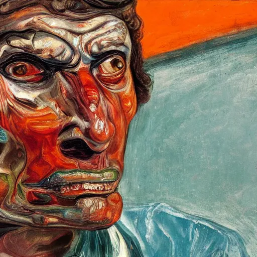 Image similar to high quality high detail painting of a man in agony by lucian freud and edvard munch and francis bacon, hd, poor beggar on the streets of london, turquoise and orange