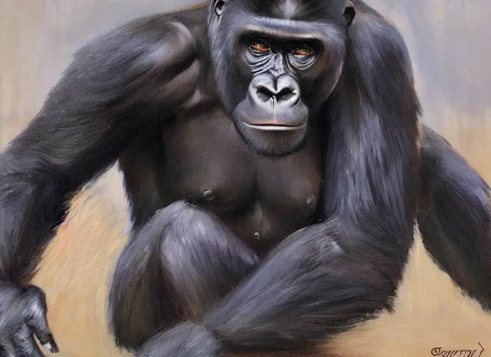 Image similar to a highly detailed beautiful portrait of a gorilla wearing a suit, by gregory manchess, james gurney, james jean