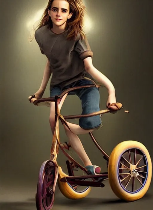 Image similar to hyperrealism emma watson riding a tricycle, light effect, hyper detailed, claymation, cartoon, detailed, realistic materials, sharp focus