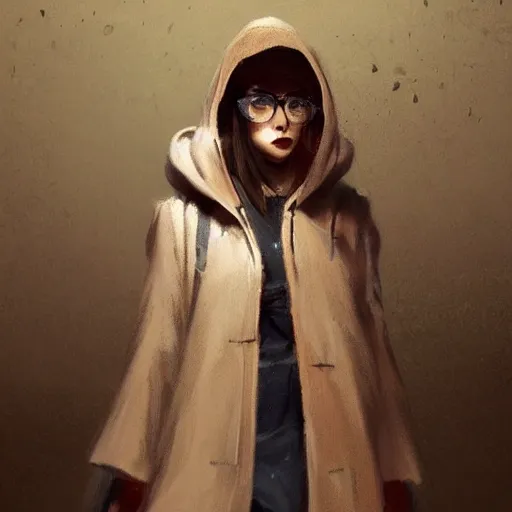 Image similar to a highly detailed epic cinematic concept art CG render digital painting artwork costume design: a teenage girl in a 1950s extremely oversized man's coat and hoodie. muted colors with some yellow accents. By Greg Rutkowski, Ilya Kuvshinov, WLOP, Stanley Artgerm Lau, Ruan Jia and Fenghua Zhong, trending on ArtStation, made in Maya, Blender and Photoshop, octane render, excellent composition, cinematic atmosphere, dynamic dramatic cinematic lighting, aesthetic, very inspirational, arthouse