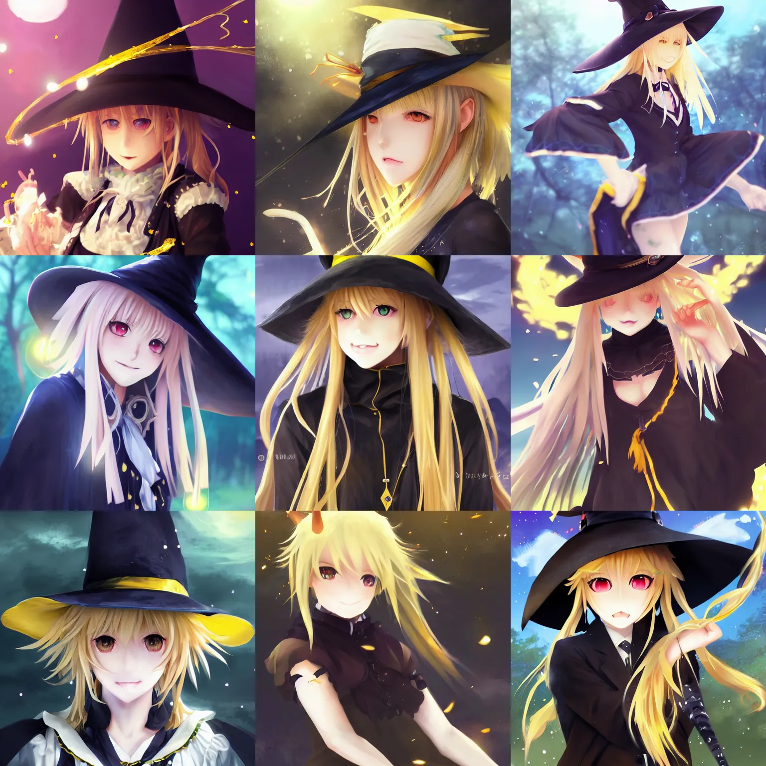 Prompt: pixiv artwork portrait of cute witch marisa kirisame from touhou project, marisa kirisame touhou artwork black hat blonde hair ultradetailed sparkling yellow eyes by greg rutkowski makoto shinkai sakimichan key art 4 k 8 k ultrahd trending award winning