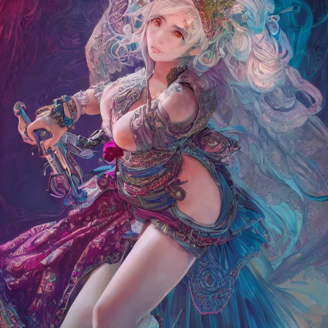 Prompt: the portrait of chaotic neutral semi - colorful smiling female bard assassin as absurdly beautiful, gorgeous, elegant, young gravure idol, an ultrafine hyperdetailed illustration by kim jung gi, irakli nadar, intricate linework, bright colors, octopath traveler, final fantasy, unreal engine 5 highly rendered, global illumination, radiant light, detailed and intricate environment