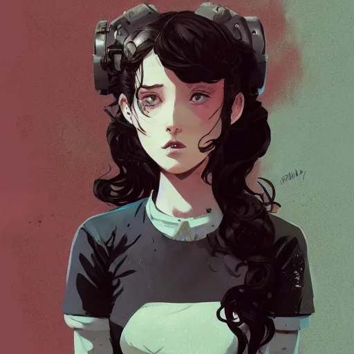 Image similar to Highly detailed portrait of a dieselpunk young lady with, freckles and wavy hair by Atey Ghailan, by Loish, by Bryan Lee O'Malley, by Cliff Chiang, by Greg Rutkowski, inspired by image comics, inspired by graphic novel cover art, inspired by nier!! Gradient color scheme ((grafitti tag brick wall background)), trending on artstation