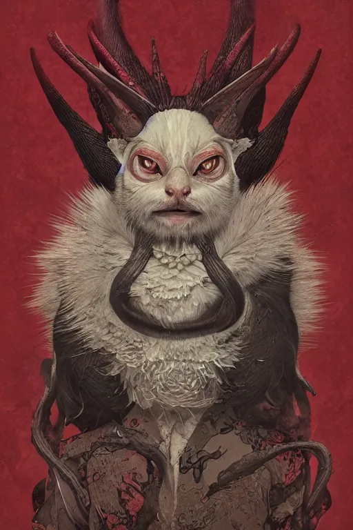 Image similar to a portrait of a japanese devil animal illustrated by miyazaki by karol bak, james jean, tom bagshaw, rococo, sharp focus, trending on artstation, cinematic lighting, hyper realism, octane render, 8 k, hyper detailed, vivid, ultra detailed, highly detailed