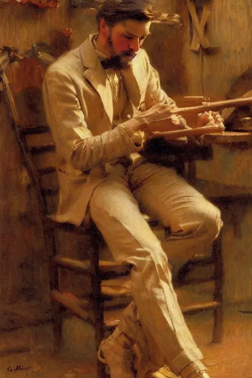 Image similar to gorgeous male whittling a wooden figure, alsace, painting by gaston bussiere, craig mullins, j. c. leyendecker