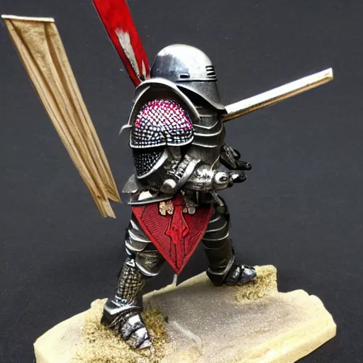 Image similar to a full body armored knight with arrows in his armor, broken, blood, middle range