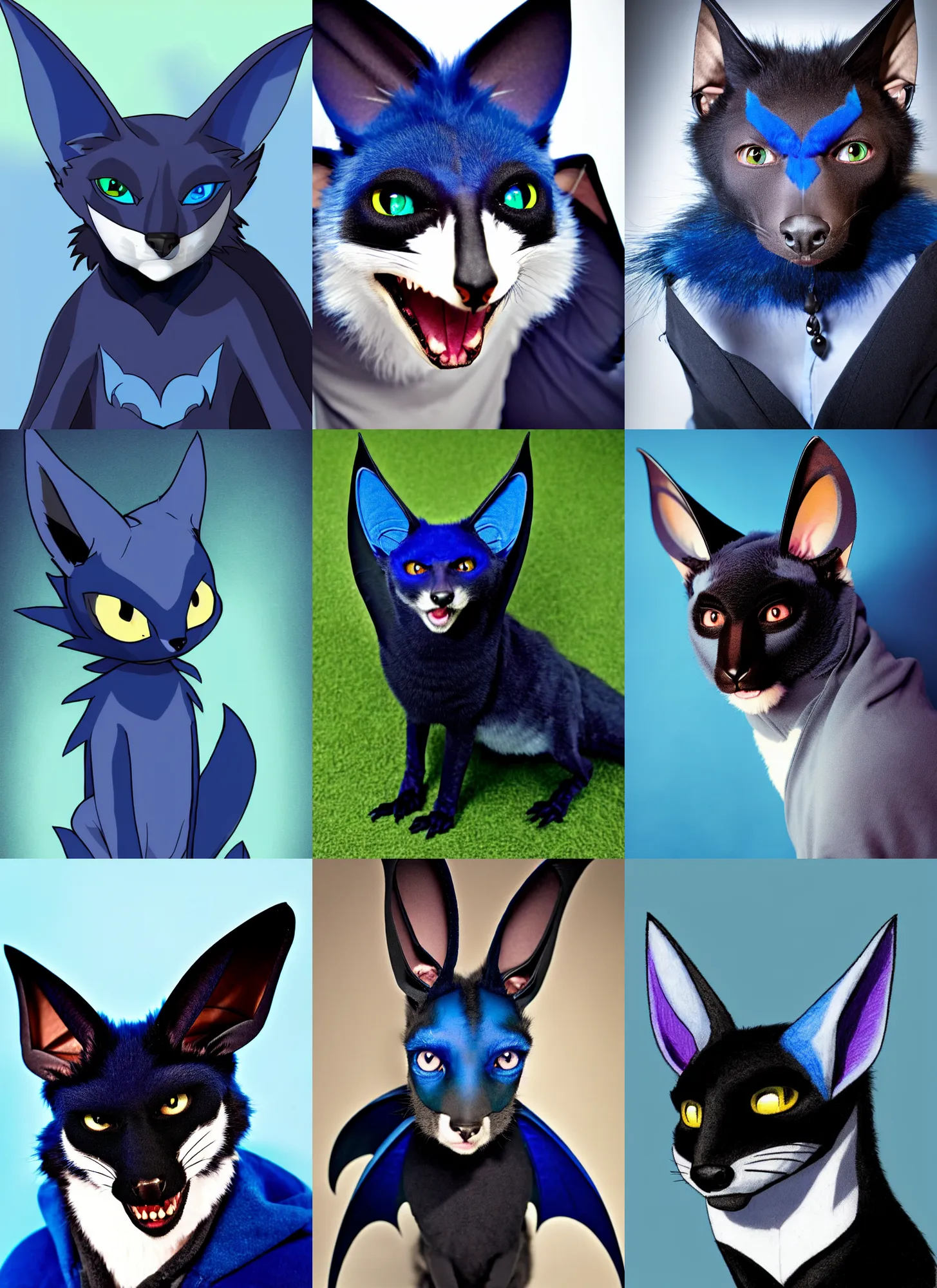 Prompt: a blue - and - black male catbat fursona ( from the furry fandom ) with blue / green heterochromatic eyes and huge bat ears, photo portrait
