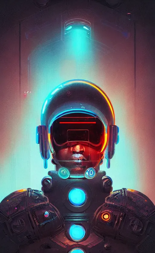 Image similar to portrait of a cyberpunk soldier wearing a futuristic helmet by Petros Afshar and Beeple, James Gilleard, Mark Ryden, Wolfgang Lettl highly detailed