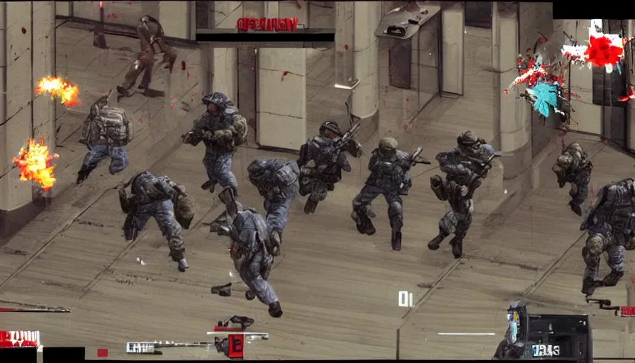 Image similar to 1994 Video Game Deathcam Screenshot, Anime Neo-tokyo Cyborg bank robbers vs police, Set inside of the Bank Lobby, Multiplayer set-piece in bank lobby, Tactical Squad :9, Police officers under heavy fire, Police Calling for back up, Bullet Holes and Blood Splatter, :6 Gas Grenades, Riot Shields, Large Caliber Sniper Fire, Chaos, Anime Cyberpunk, Anime Bullet VFX, Machine Gun Fire, Violent Gun Action, Shootout, :7 Inspired by Escape From Tarkov + Intruder + Payday 2 :9 by Katsuhiro Otomo: 9