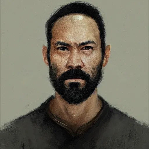 Image similar to portrait of a man by greg rutkowski, he is about 4 0 years old, mixture between vietnamese, persian and texan, receding hairline, beard, very tall and slender, he is wearing a utilitarian jumpsuit, highly detailed portrait, digital painting, artstation, concept art, smooth, sharp foccus ilustration, artstation hq