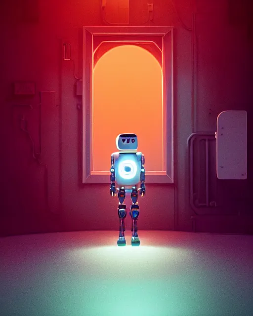 Image similar to a robot standing in front of a glowy open door that's on a barren moon, poster art by mike winkelmann, trending on cg society, space art, sci - fi, ue 5, futuristic, volumetric lighting, light casting onto the ground, neat composition and camera angle