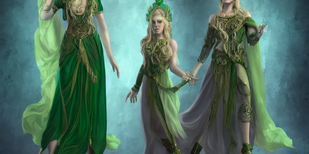 Prompt: A female godess made of stone with emerald green eyes, long blonde haired, royal dress, trending on artstation, arcane, digital media, 8k, contrasting colours