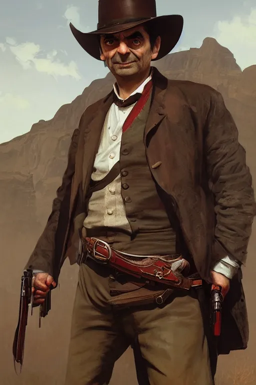 Prompt: mr bean as a character in a scene from red dead redemption, artstation, concept art, smooth, sharp focus, illustration, art by and greg rutkowski and alphonse mucha