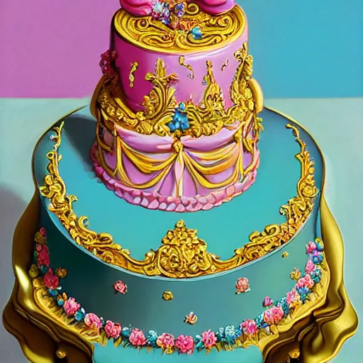 Prompt: baroque rococo painting The Princess of Cake portrait Greg Hildebrandt Lisa Frank high detail fancy cake