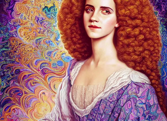 Image similar to beautiful oil painting, full length portrait of Emma Watson as Louis xiv in coronation robes 1701, Dan Mumford, Dan Mumford, Alex grey, Alex grey, highly detailed , lsd visuals, dmt fractal patterns, hallucinogen, visionary art, psychedelic art, ornate, vaporwave, baroque