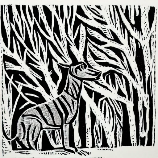 Prompt: linocut, black and white, greyhound in a forest