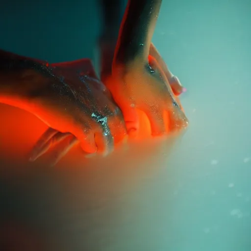 Image similar to sensual bodies intertwined in orange light, wet skin, close together, holding each other tight, drops of water, beautiful hands, no head, no face, torso, backlit, 8 k, realistic