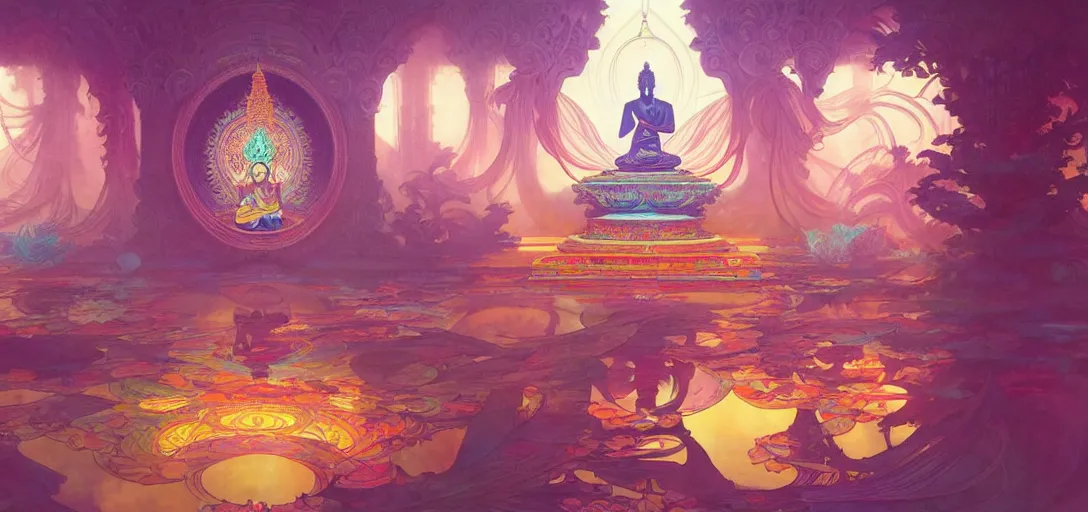 Image similar to a buddhist temple, netrunner accents, vaporwave aesthetic, colorful, psychedelic, digital painting, artstation, concept art, smooth, sharp focus, illustration, art by artgerm and greg rutkowski and alphonse mucha