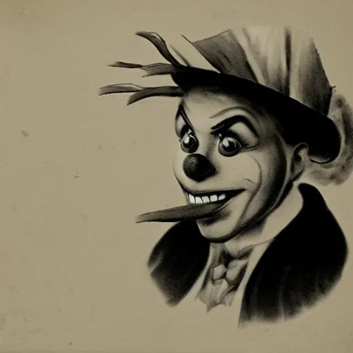 Image similar to old 1920's photograph of an fire breathing clown. Clown wears chaplins clothes. Black and white picture. Highly detailed. High definition. Artstation.