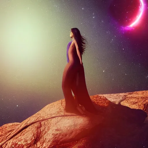 Image similar to A beautiful woman with long, flowy hair standing on a rock, witnessing two planets colliding in space. trending on artstation, artstation futurism, artstation photography, subsurface scattering, bottom view, 4k, 8k