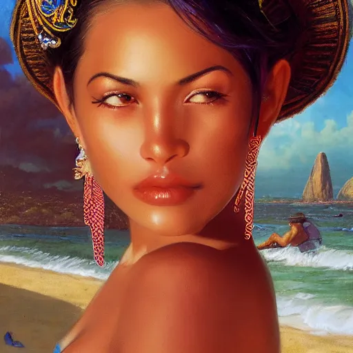 Prompt: extra perfectness cuban women, amateur, sweetest face, close - up, fashion model type, expansive dress with treasure's, gorgeous, extremely high details quality, bao phan, viktor safonkin, bruce pennington, larry elmore, norman rockwell, intricate, hyperrealistic matte painting, deep depth field, hd, hdr, 4 k, 8 k